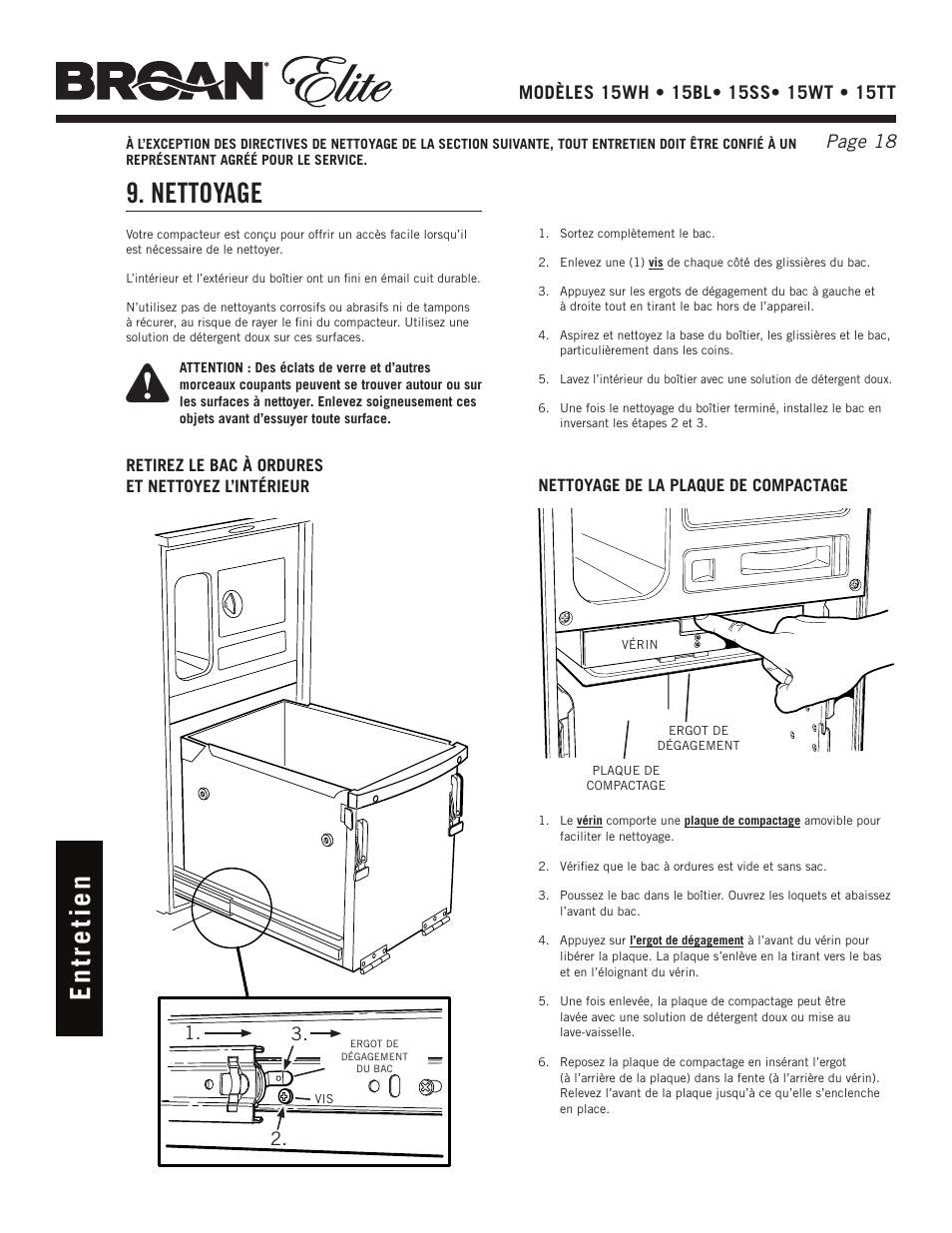 Nettoyage, En tr e ti e n | Broan Elite 15WH User Manual | Page 18 / 32