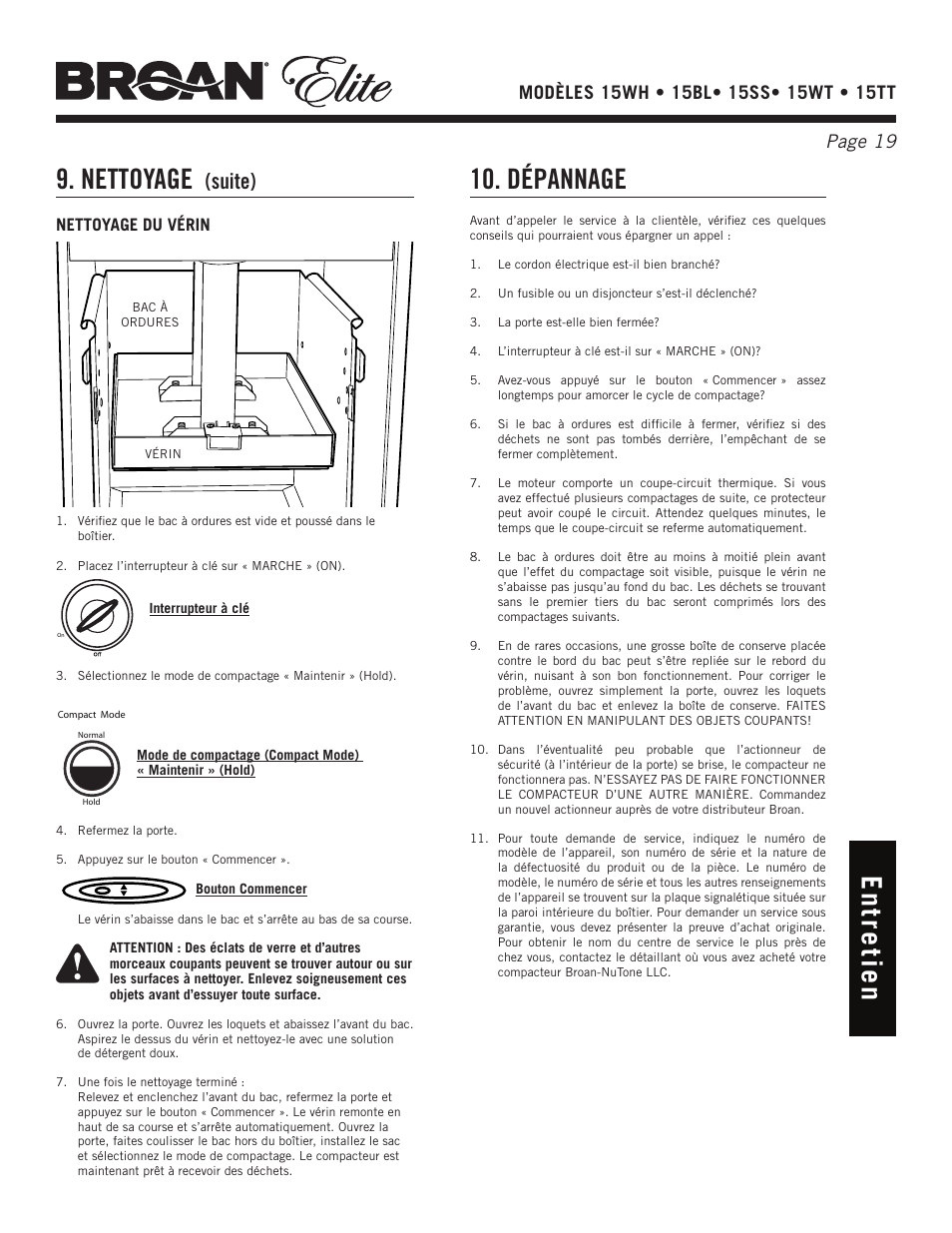 Nettoyage, En tr e tie n, Dépannage | Suite), Nettoyage du vérin | Broan Elite 15WH User Manual | Page 19 / 32