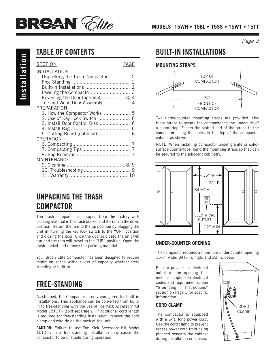Broan Elite 15WH User Manual | Page 2 / 32