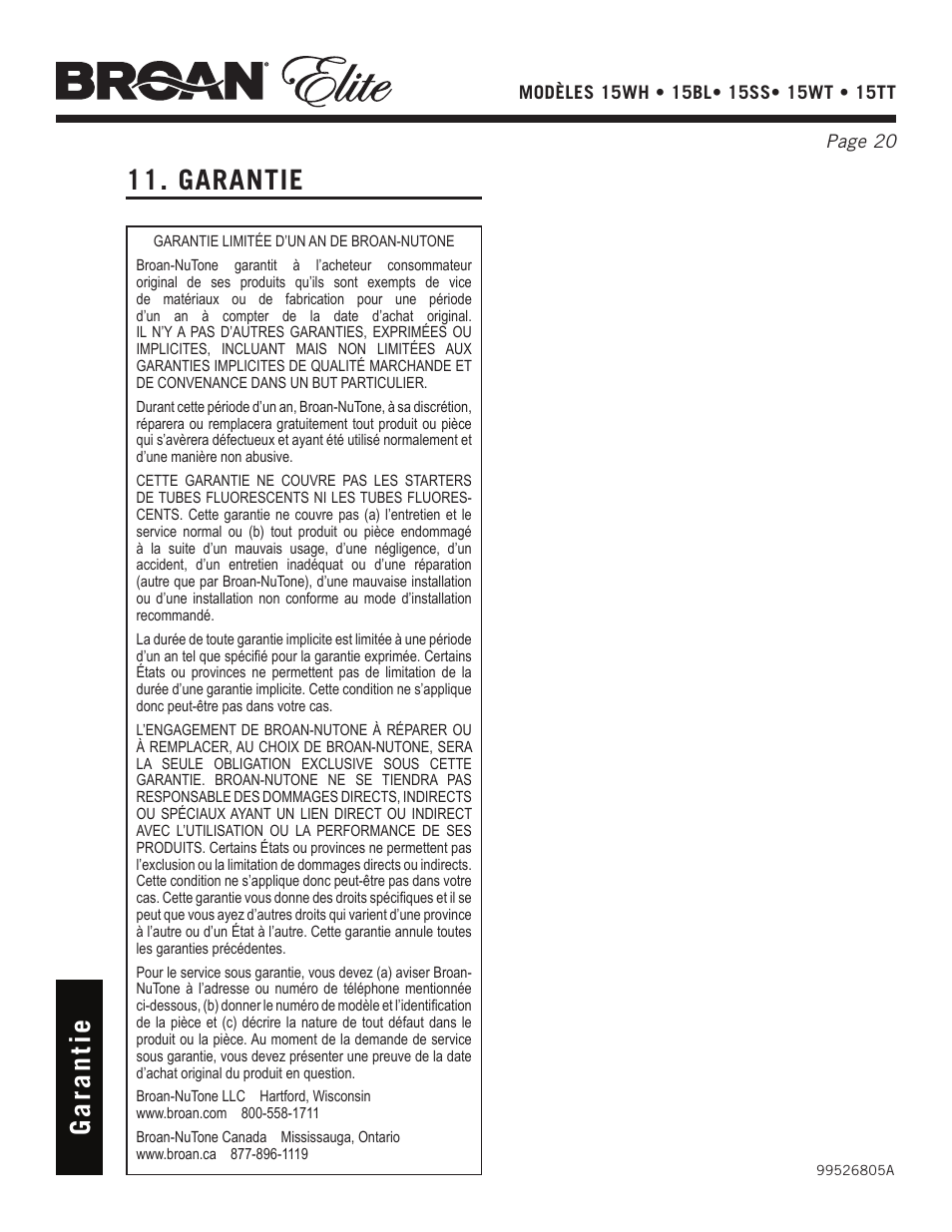 Garantie, Ga ra n ti e | Broan Elite 15WH User Manual | Page 20 / 32