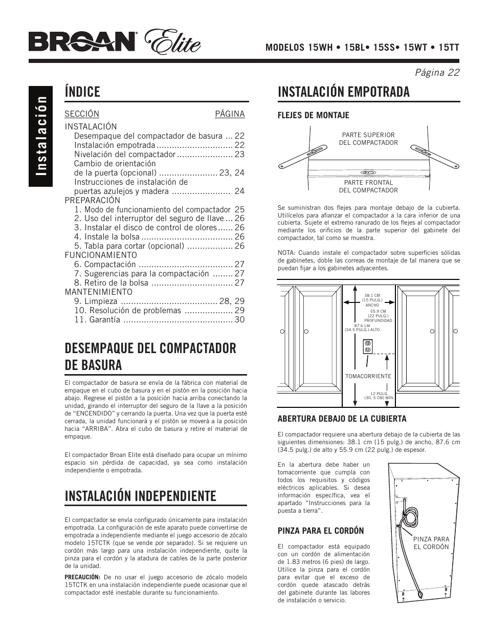 Índice, Desempaque del compactador de basura, Instalación independiente | Broan Elite 15WH User Manual | Page 22 / 32