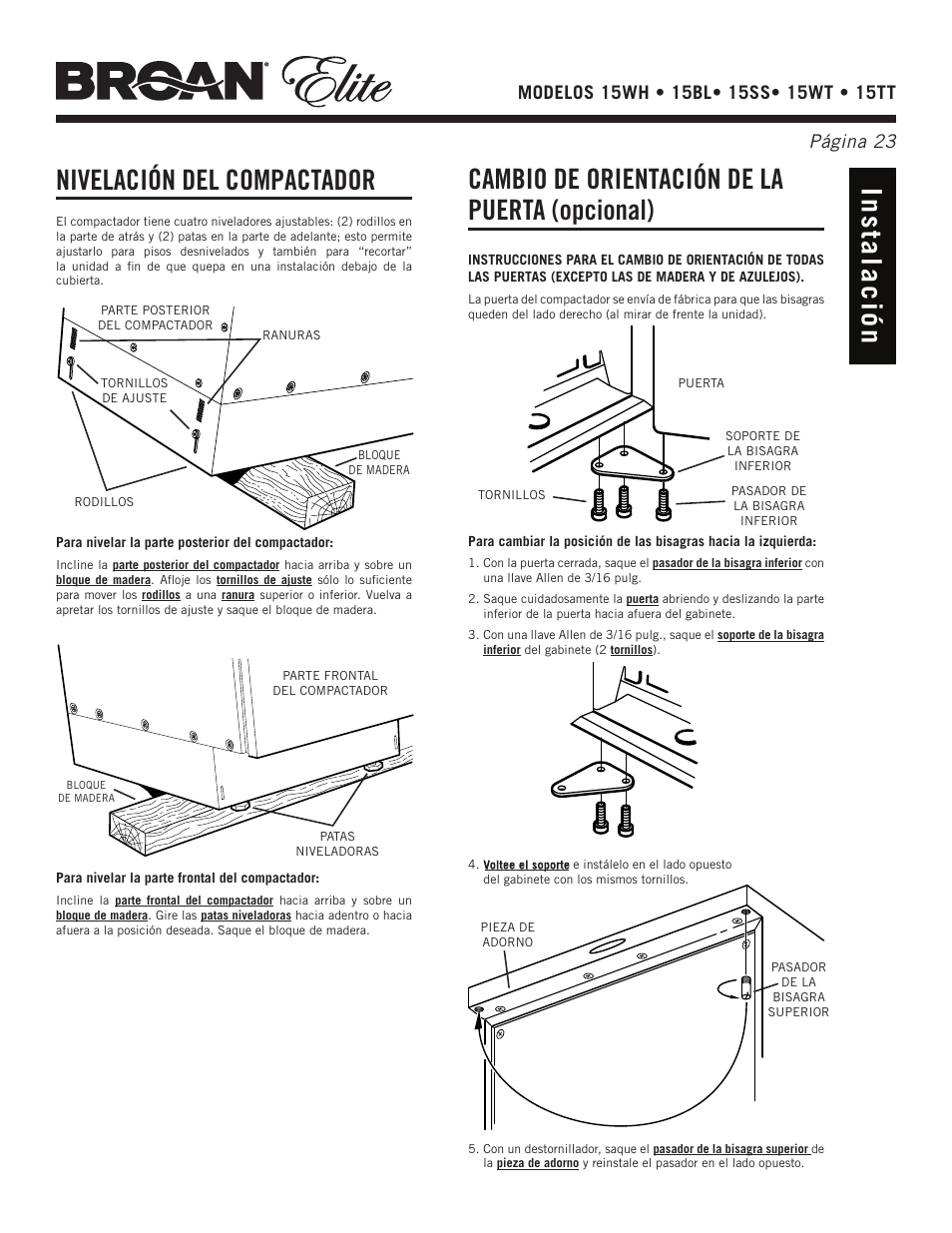 Nivelación del compactador, Cambio de orientación de la puerta (opcional) | Broan Elite 15WH User Manual | Page 23 / 32