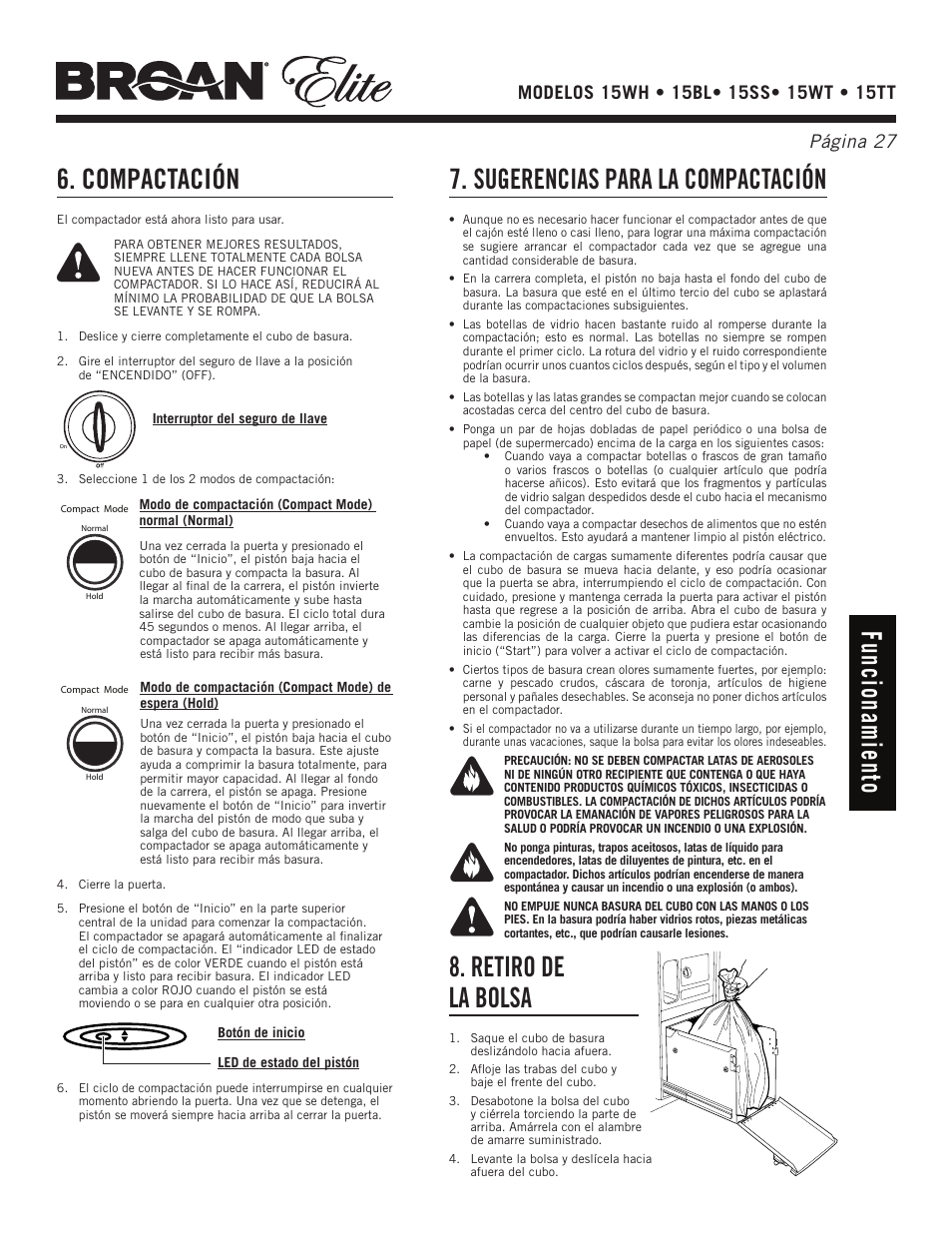 Fu nc ion am ien to 6. compactación, Sugerencias para la compactación, Retiro de la bolsa | Broan Elite 15WH User Manual | Page 27 / 32