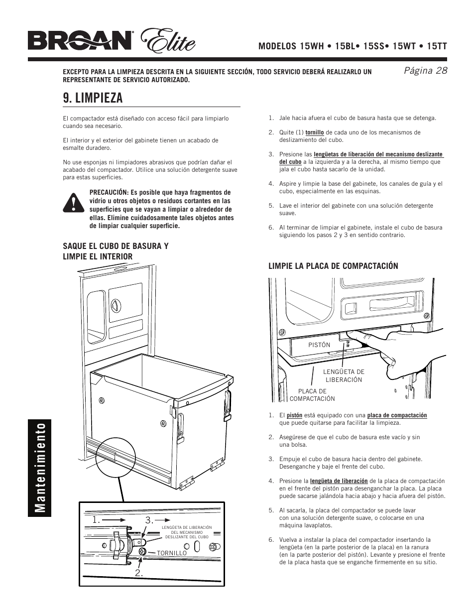Limpieza, Man te ni m ie nt o | Broan Elite 15WH User Manual | Page 28 / 32
