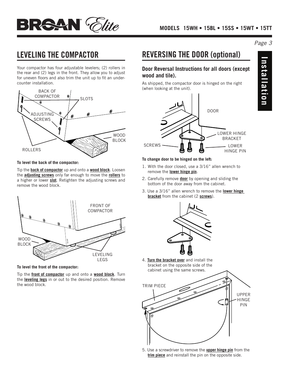 Leveling the compactor, Reversing the door (optional) | Broan Elite 15WH User Manual | Page 3 / 32