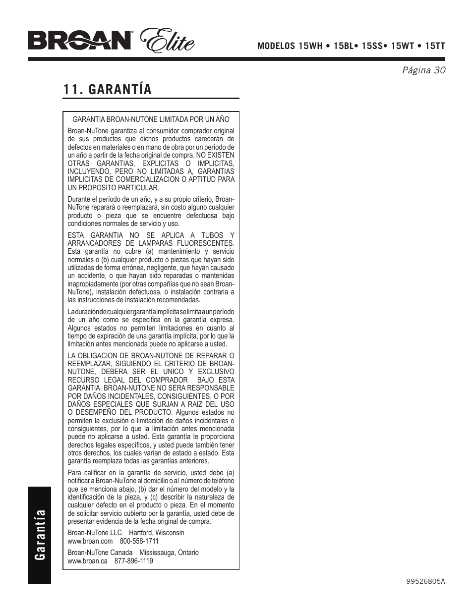 Garantía, Ga ra nt ía | Broan Elite 15WH User Manual | Page 30 / 32