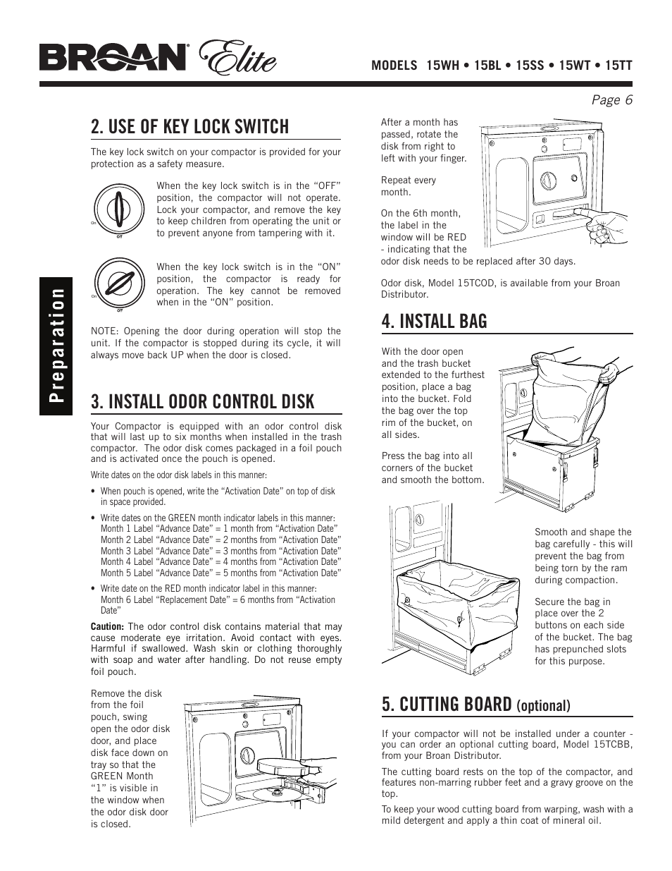 Use of key lock switch, Install odor control disk, Install bag | Cutting board, Pre p a ra ti o n, Optional) | Broan Elite 15WH User Manual | Page 6 / 32