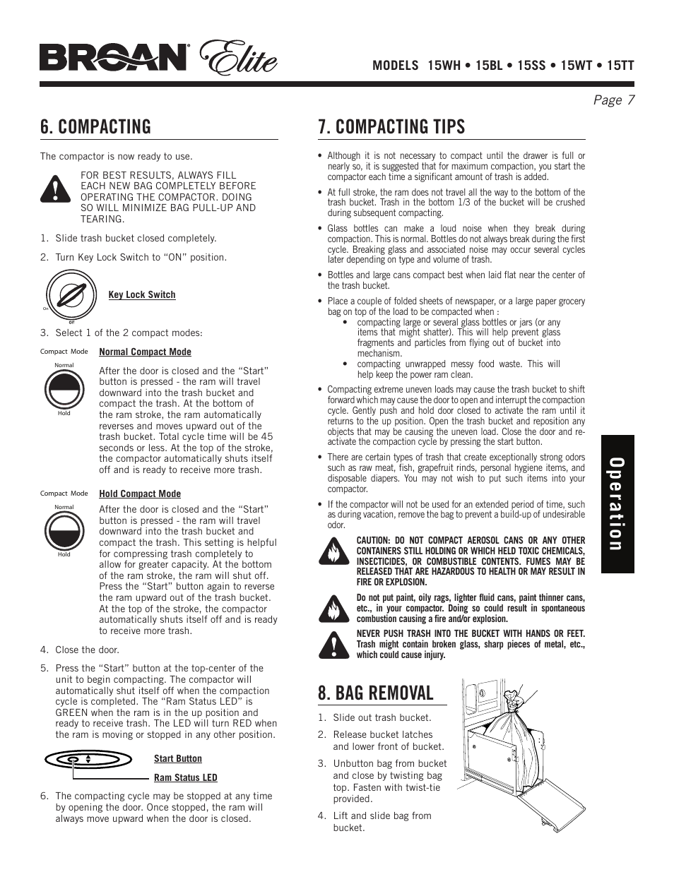 Op e ra tio n 6. compacting, Compacting tips, Bag removal | Broan Elite 15WH User Manual | Page 7 / 32