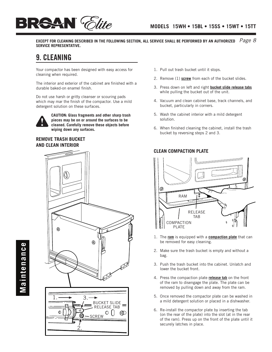 Cleaning | Broan Elite 15WH User Manual | Page 8 / 32