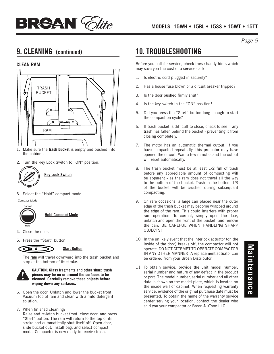 Cleaning, Troubleshooting, Continued) | Broan Elite 15WH User Manual | Page 9 / 32