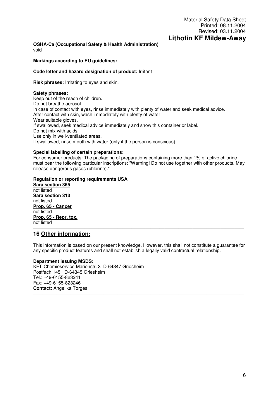 Lithofin kf mildew-away | Pro-Link Lithofin KF Mildew-Away 120015 User Manual | Page 6 / 6