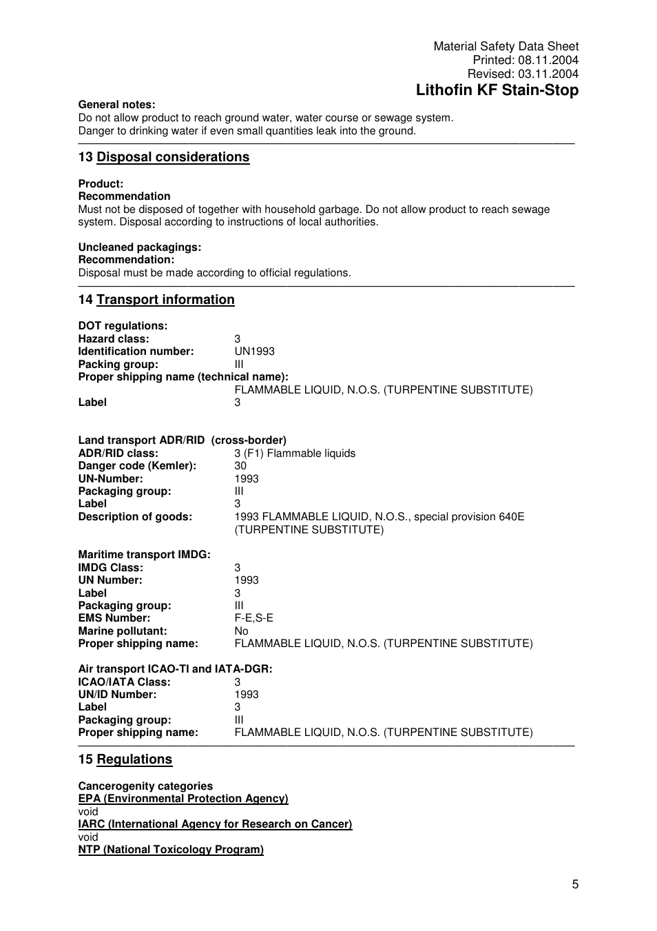Lithofin kf stain-stop, 13 disposal considerations, 14 transport information | 15 regulations | Pro-Link Lithofin KF Stain-Stop 120017 User Manual | Page 5 / 6