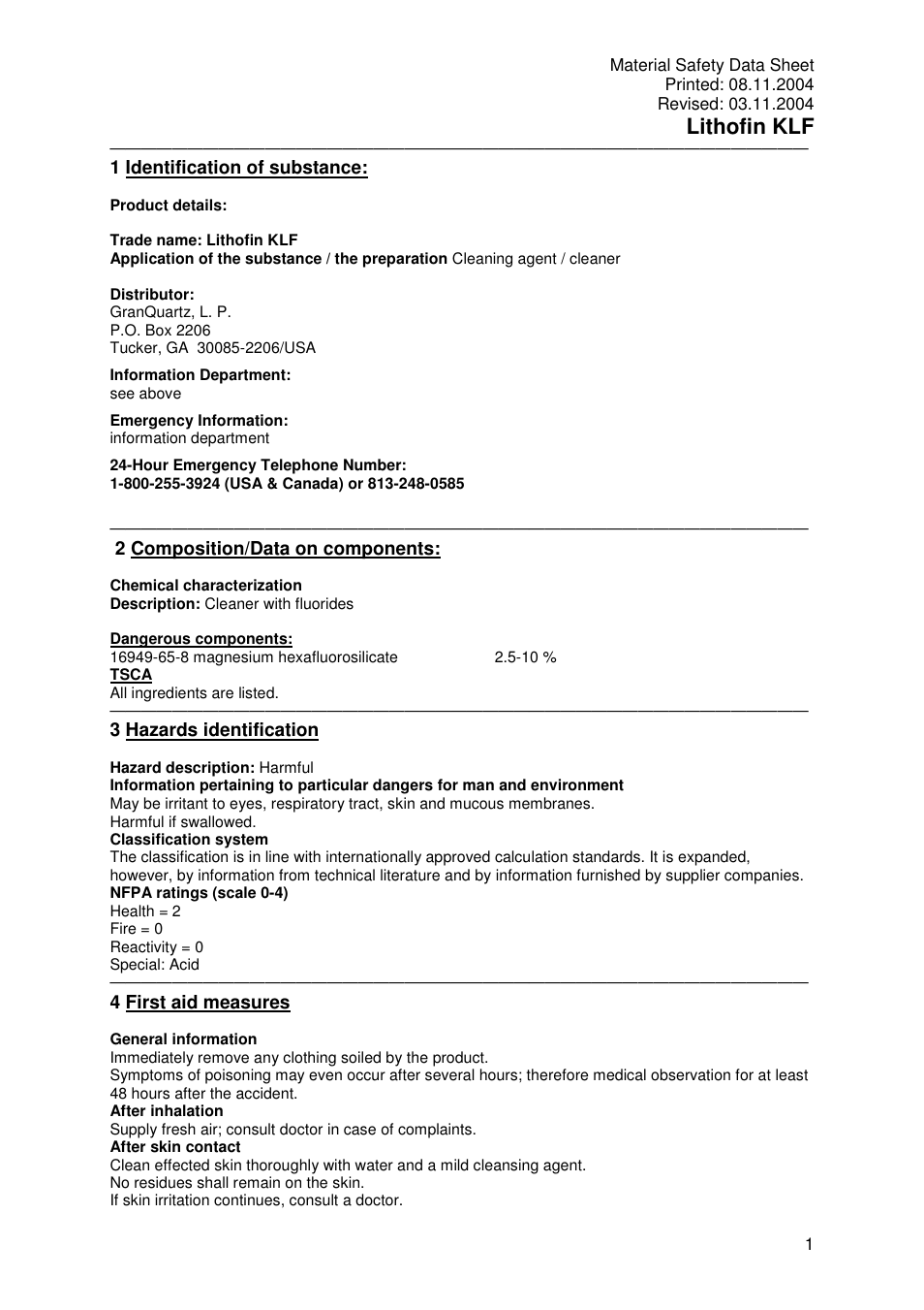 Pro-Link Lithofin KLF Crystallization Fluid 120055 User Manual | 6 pages