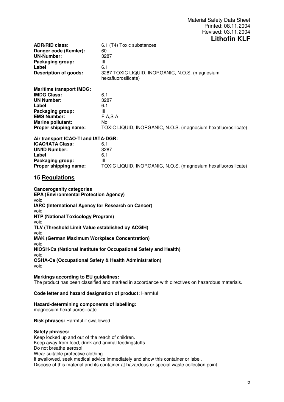 Lithofin klf, 15 regulations | Pro-Link Lithofin KLF Crystallization Fluid 120055 User Manual | Page 5 / 6