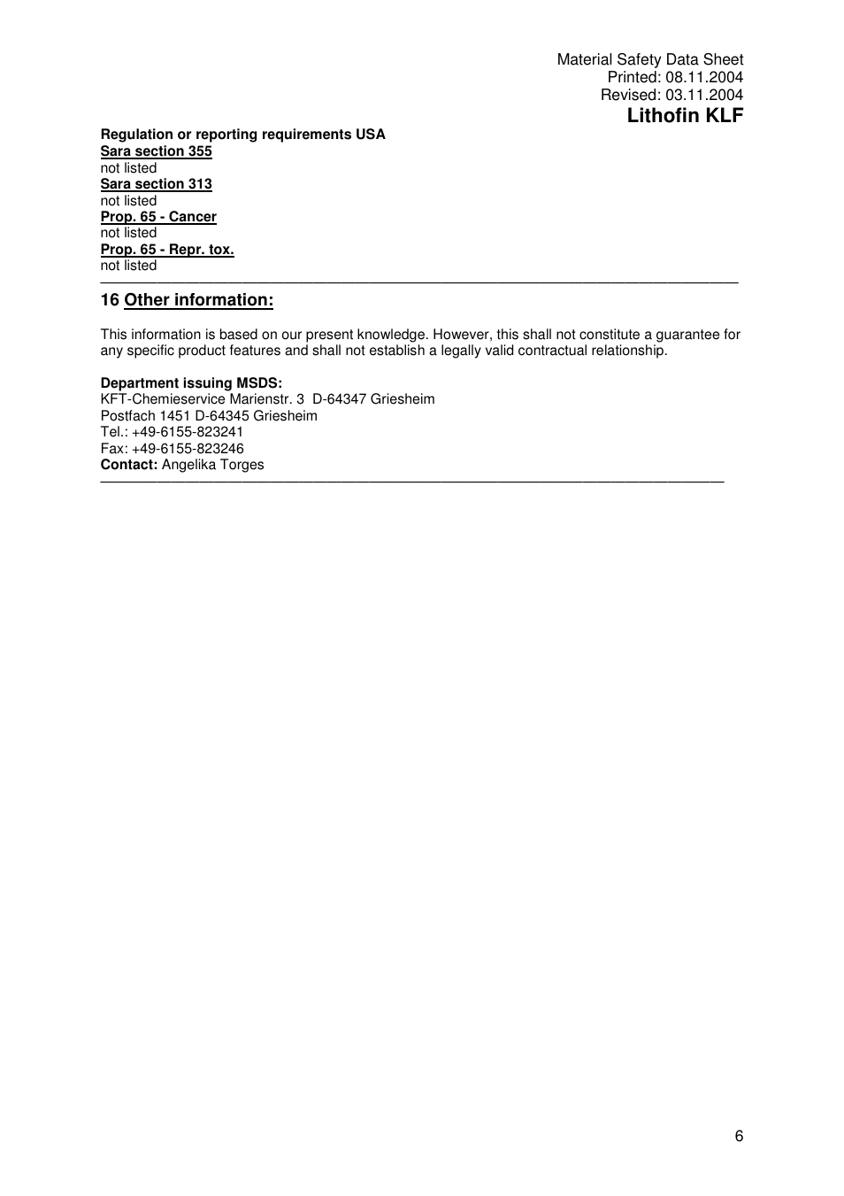 Lithofin klf | Pro-Link Lithofin KLF Crystallization Fluid 120055 User Manual | Page 6 / 6