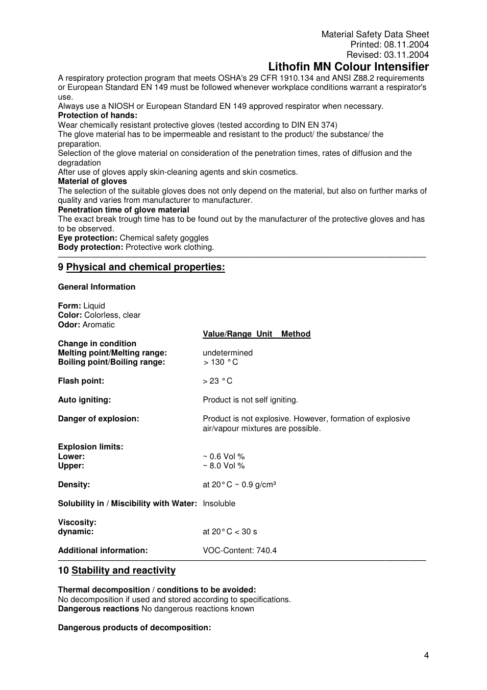 Lithofin mn colour intensifier, 9 physical and chemical properties, 10 stability and reactivity | Pro-Link Lithofin MN Color Intensifier 120046 User Manual | Page 4 / 7