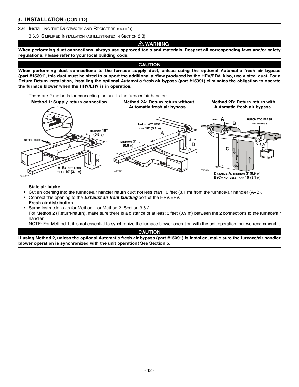 Installation, Cont’d) caution, Warning | Caution, Ab c | Broan HRV90H User Manual | Page 12 / 26