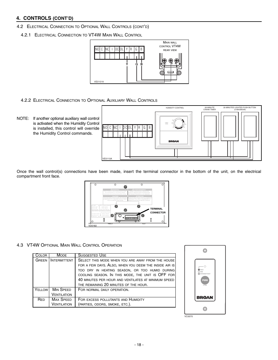 Controls, Cont’d) 4.2.1 e, Vt4w m | 3 vt4w o | Broan HRV90H User Manual | Page 18 / 26
