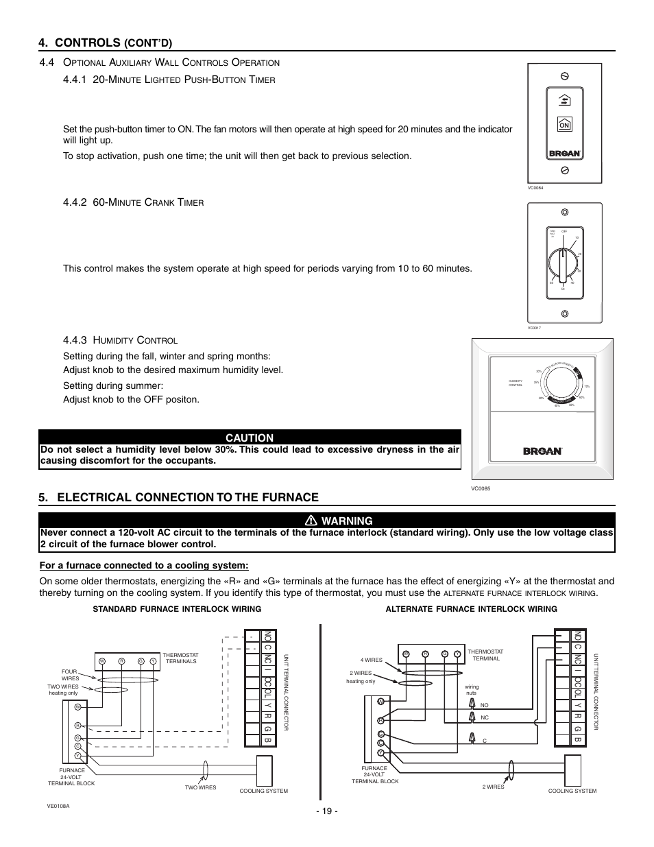 Controls, Electrical connection to the furnace, Cont’d) 4.4 o | 1 20-m, 2 60-m, Caution, Warning | Broan HRV90H User Manual | Page 19 / 26