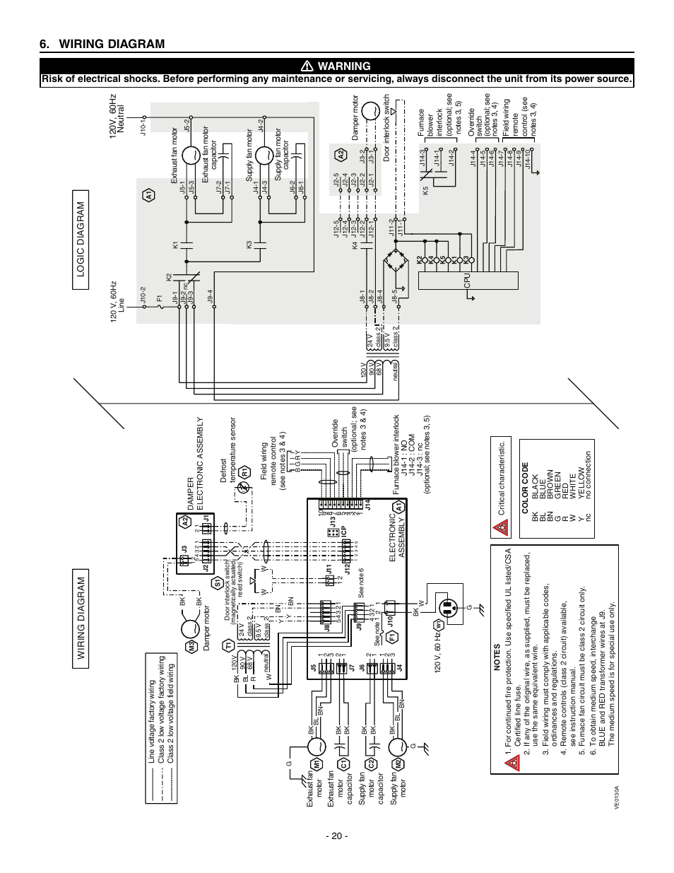 Wiring diagram, Warning, Wiring diagram logic diagram | Broan HRV90H User Manual | Page 20 / 26