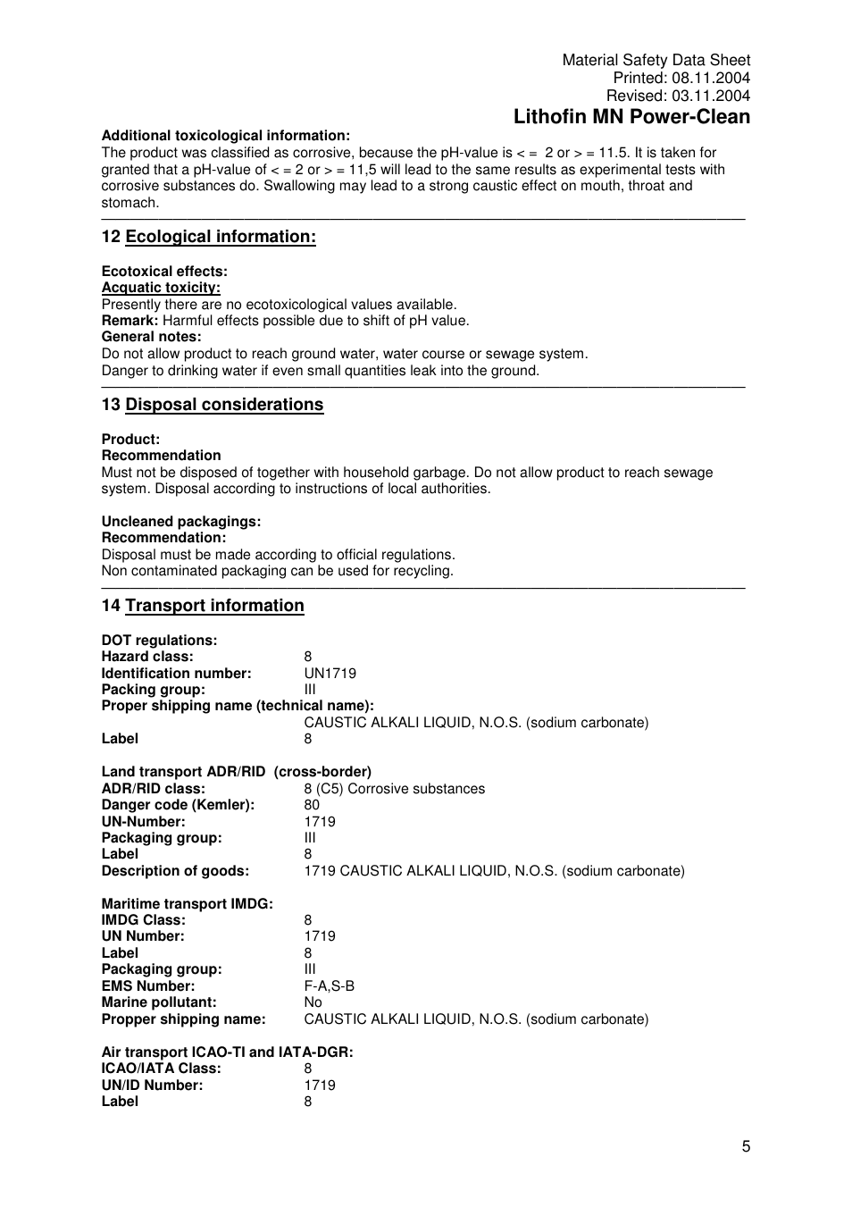 Lithofin mn power-clean, 12 ecological information, 13 disposal considerations | 14 transport information | Pro-Link Lithofin MN Power-Clean 120069 User Manual | Page 5 / 6