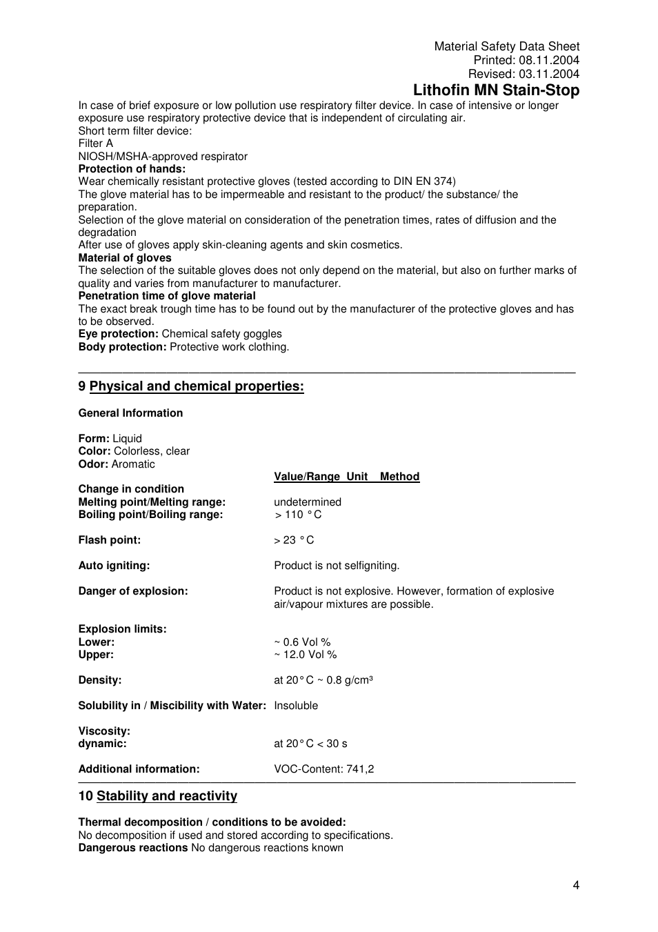 Lithofin mn stain-stop, 9 physical and chemical properties, 10 stability and reactivity | Pro-Link Lithofin MN Stain-Stop 120043 User Manual | Page 4 / 7