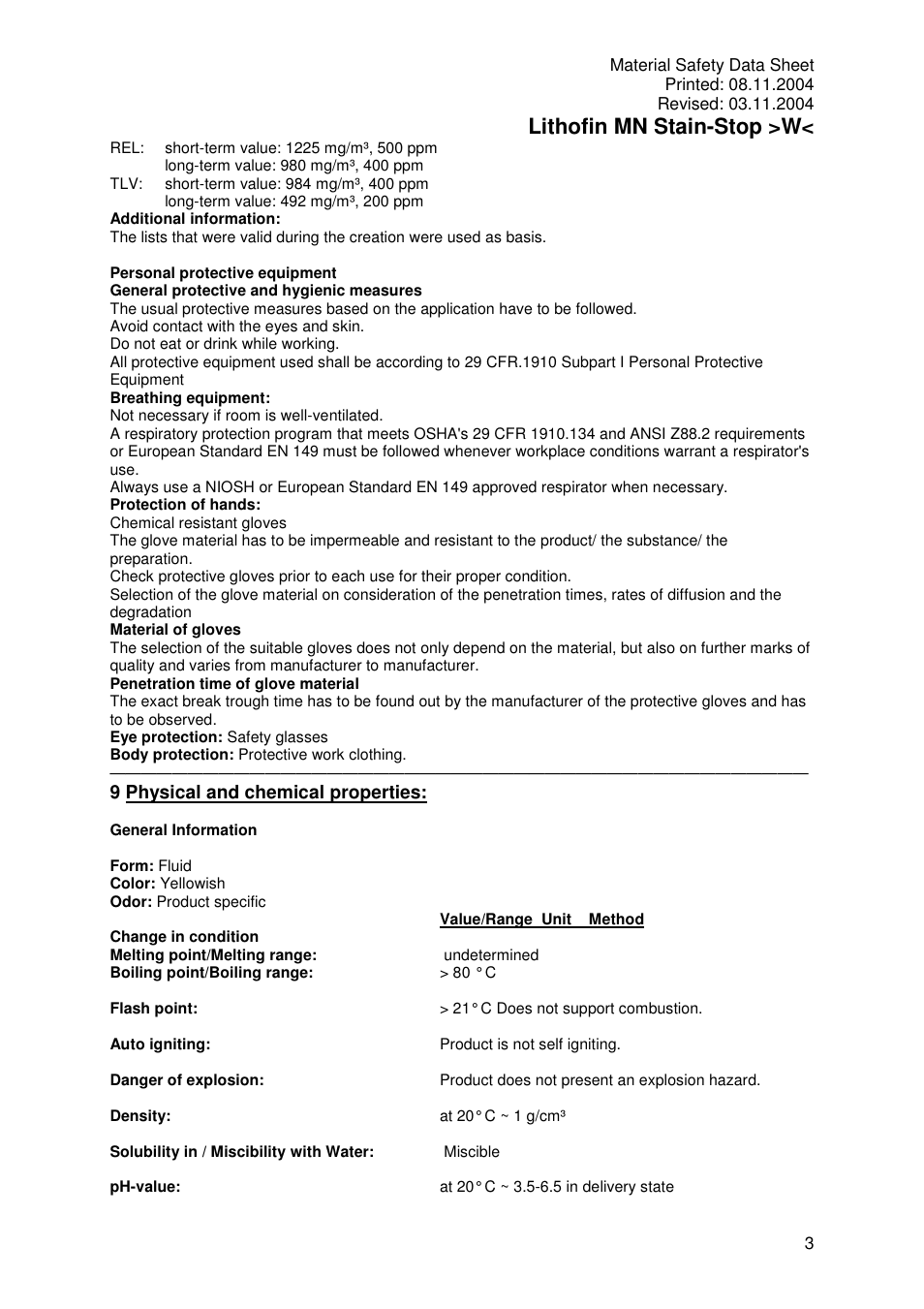 Lithofin mn stain-stop >w, 9 physical and chemical properties | Pro-Link Lithofin MN Stain-Stop Water Based 120039 User Manual | Page 3 / 5