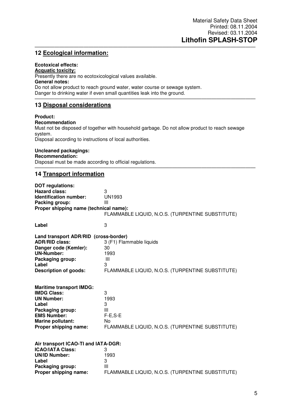 Lithofin splash-stop, 12 ecological information, 13 disposal considerations | 14 transport information | Pro-Link Lithofin Splash Stop 120063 User Manual | Page 5 / 7