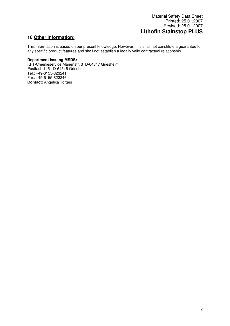 Lithofin stainstop plus | Pro-Link Lithofin Stain-Stop Plus 120071 User Manual | Page 7 / 7