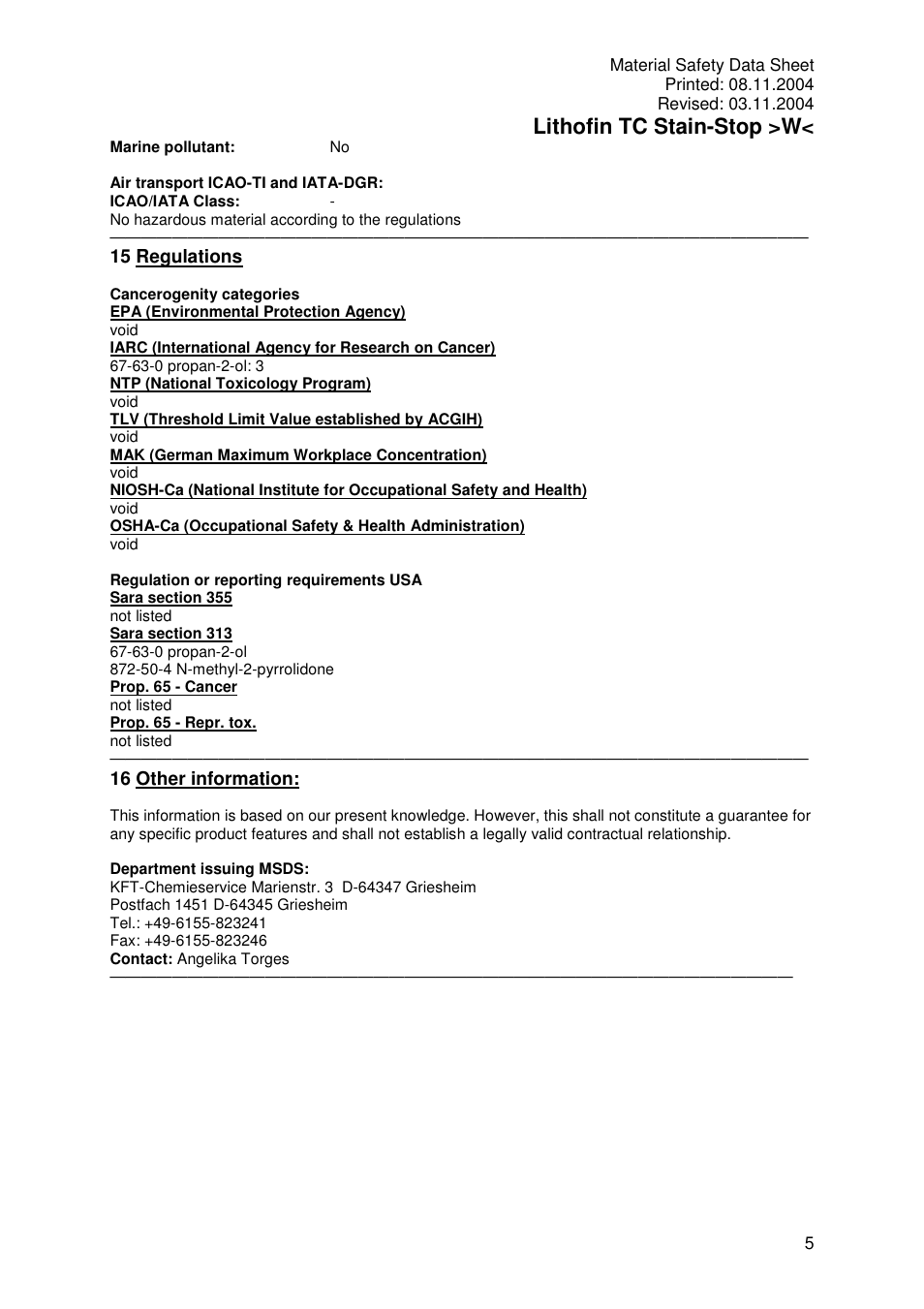 Lithofin tc stain-stop >w | Pro-Link Lithofin TC Stain-Stop Water Based 120029 User Manual | Page 5 / 5