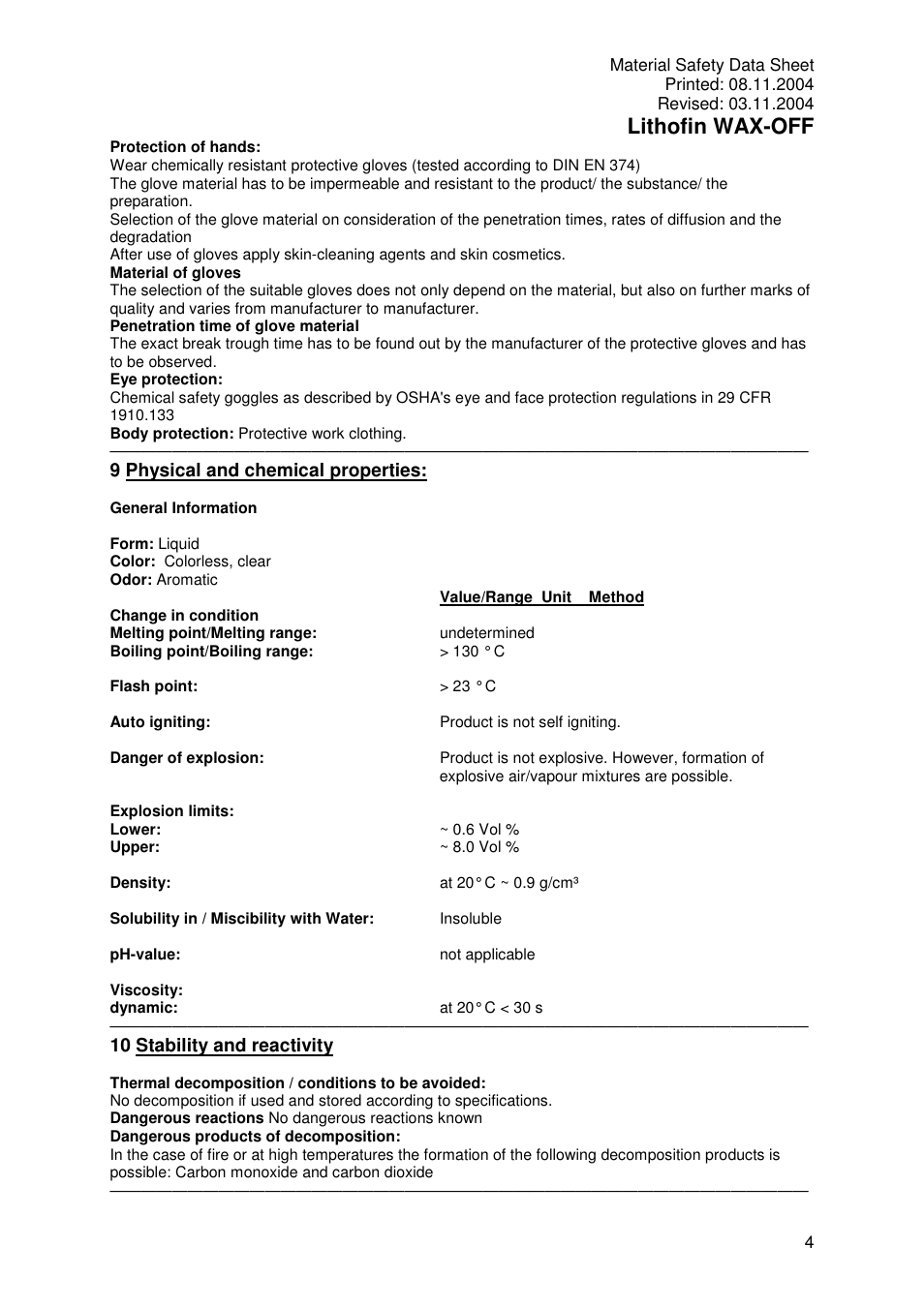 Lithofin wax-off, 9 physical and chemical properties, 10 stability and reactivity | Pro-Link Lithofin Wax-Off 120005 User Manual | Page 4 / 7