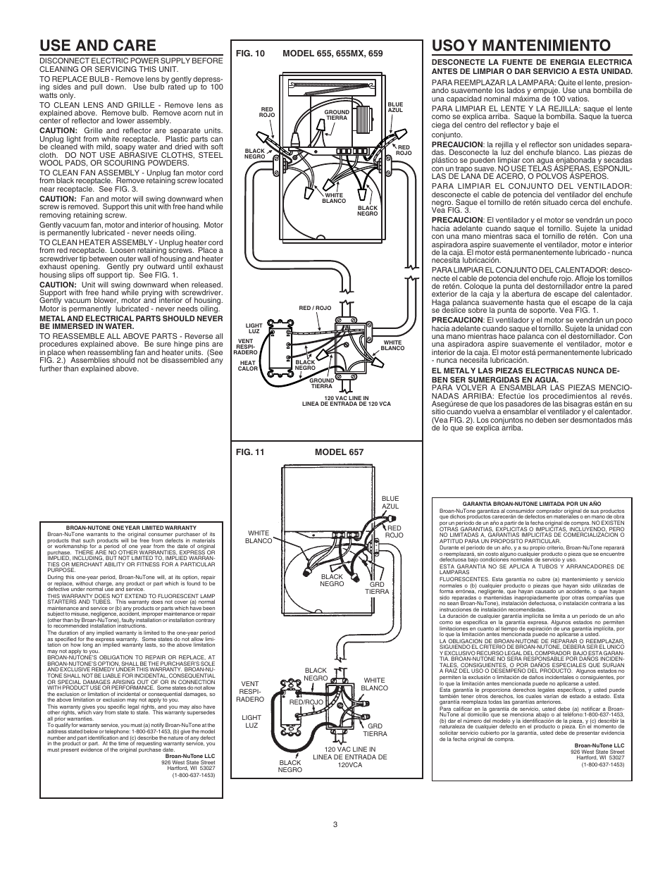Use and care, Uso y mantenimiento | Broan 659 User Manual | Page 3 / 4