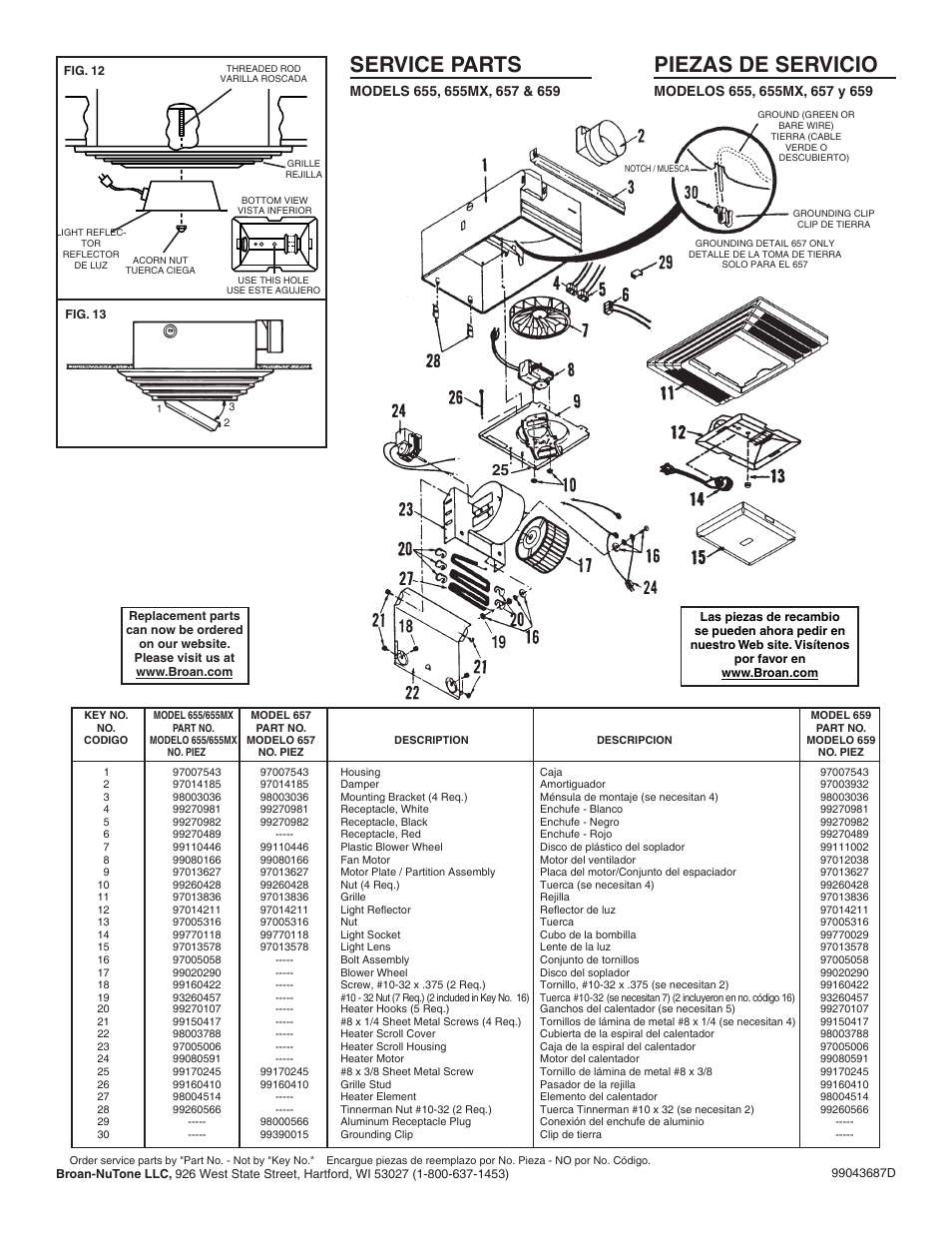 Service parts, Piezas de servicio | Broan 659 User Manual | Page 4 / 4