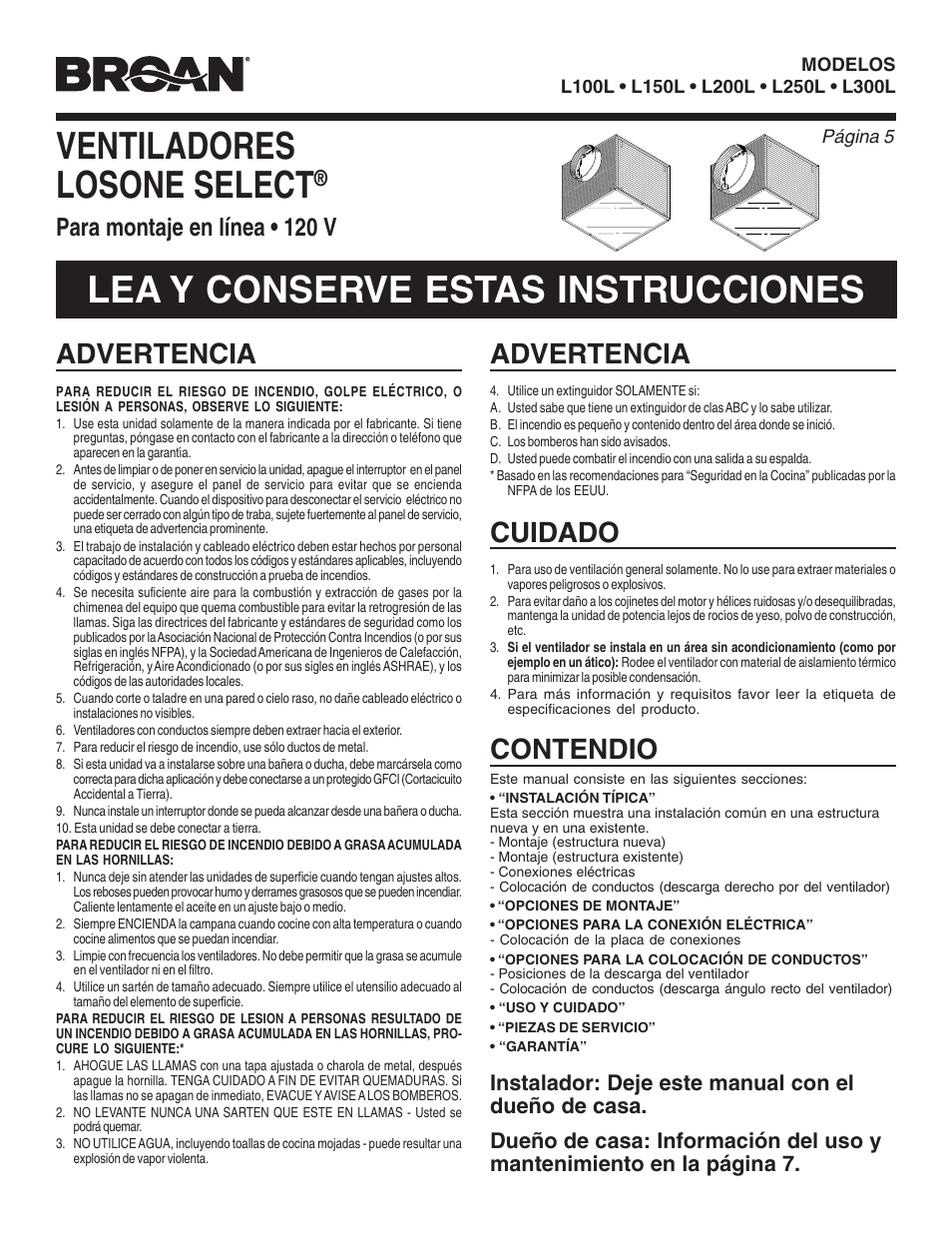 Ventiladores losone select, Lea y conserve estas instrucciones, Advertencia | Contendio, Cuidado, Para montaje en línea • 120 v | Broan LOSONE SELECT L100L User Manual | Page 5 / 12