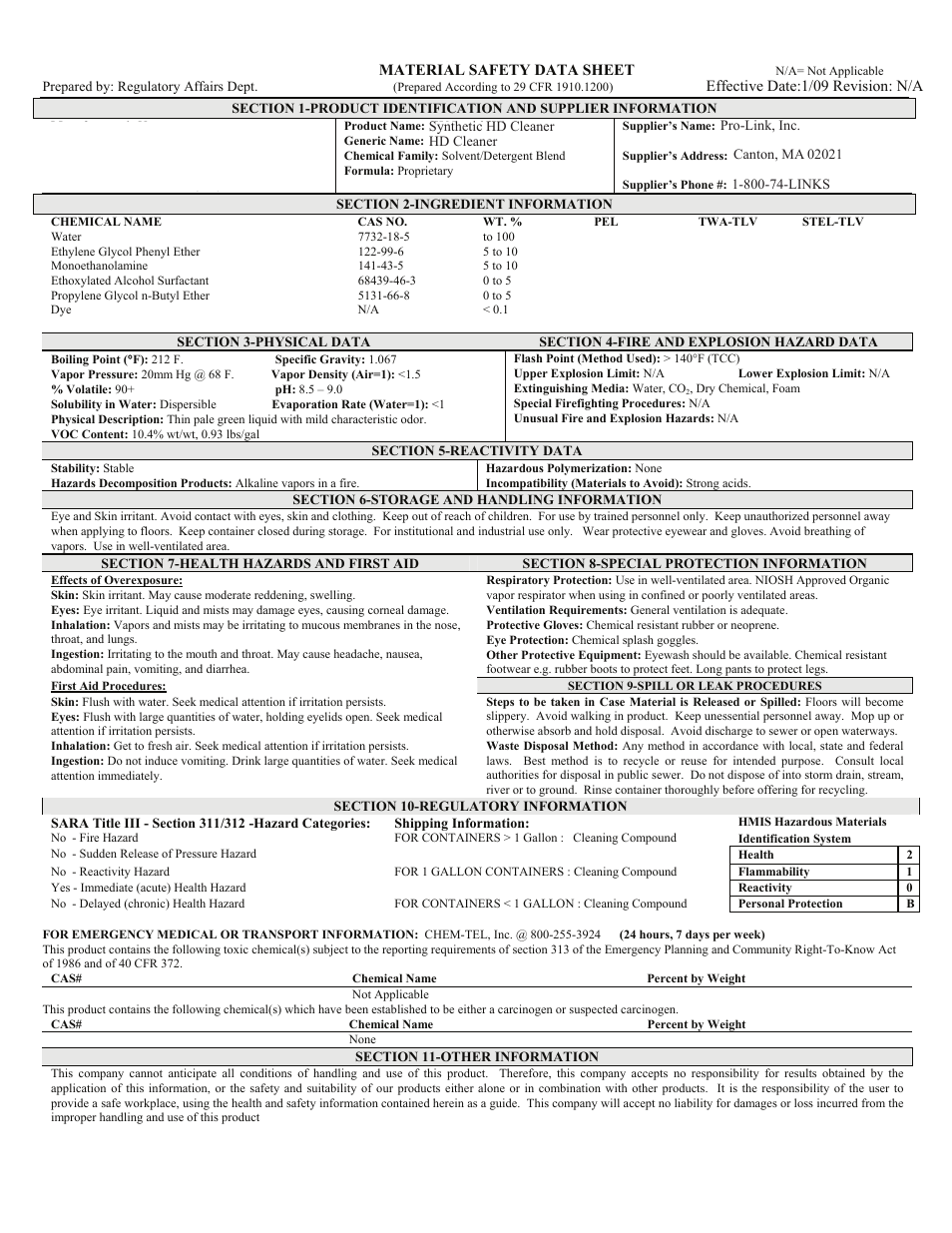 Pro-Link Synthetic HD Cleaner B14422 User Manual | 1 page