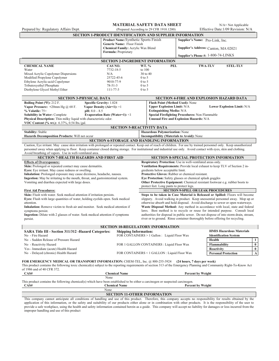 Pro-Link Synthetic Sports Finish MSDS B14038 User Manual | 1 page