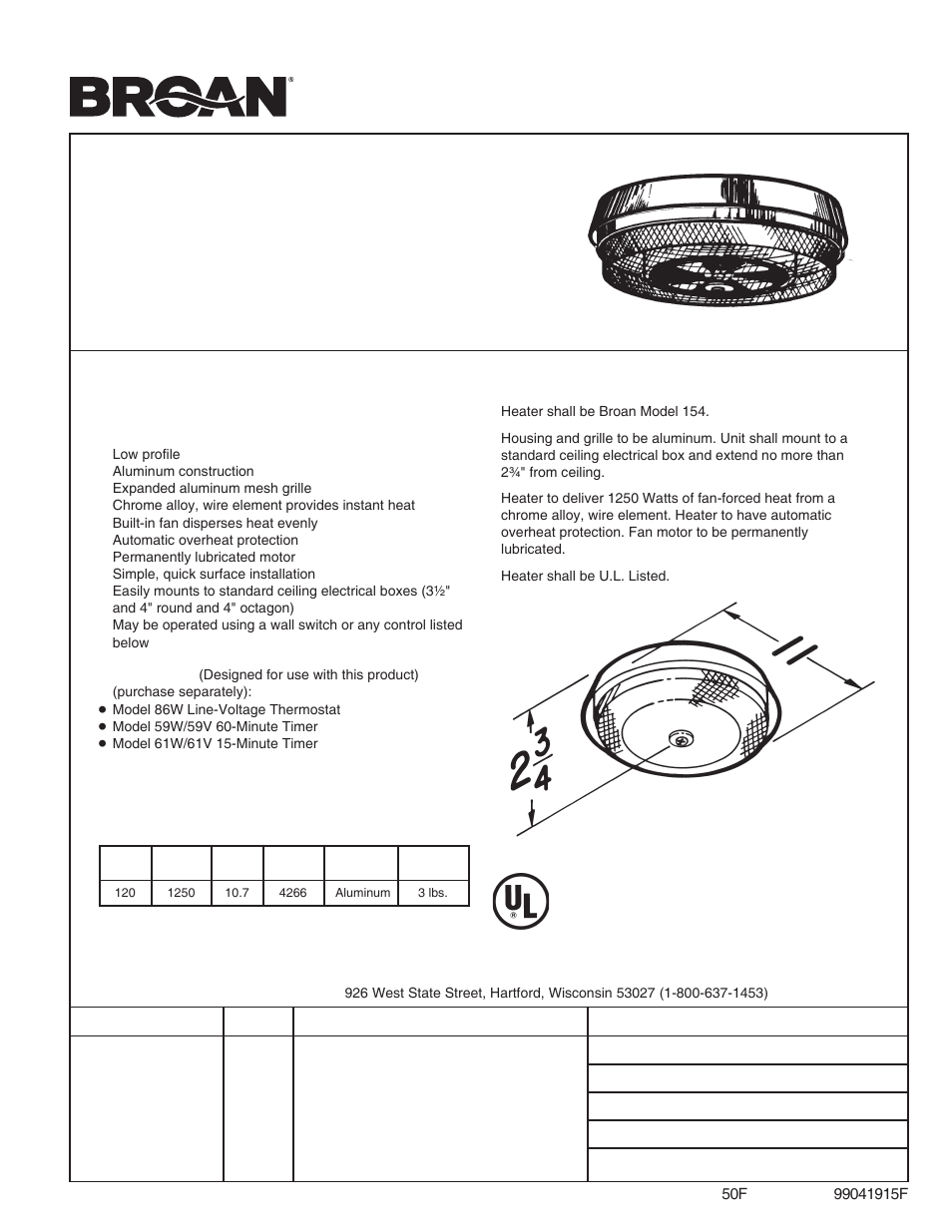 Broan 61W User Manual | 1 page