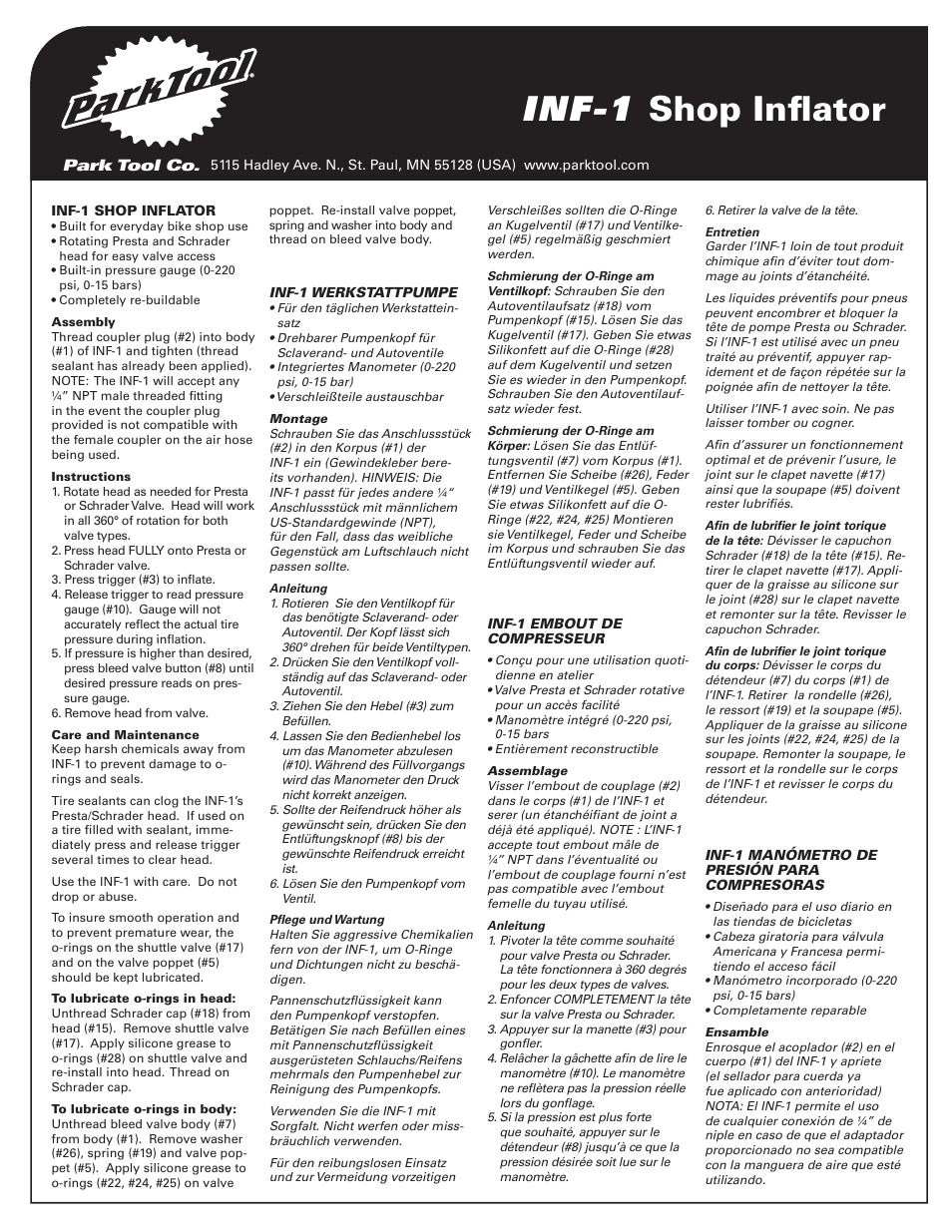 Park Tool Shop Inflator User Manual | 2 pages