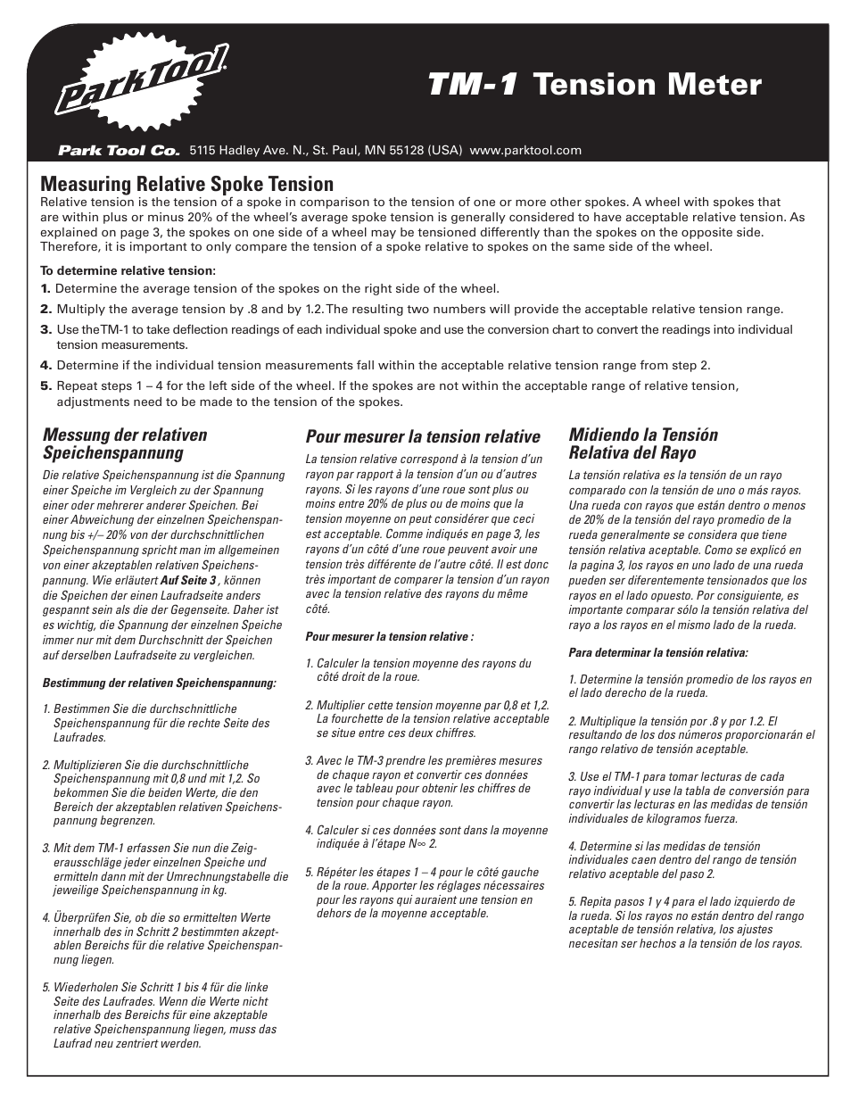 Tm-1 tension meter, Measuring relative spoke tension, Messung der relativen speichenspannung | Pour mesurer la tension relative, Midiendo la tensión relativa del rayo | Park Tool Spoke Tension Meter User Manual | Page 3 / 6