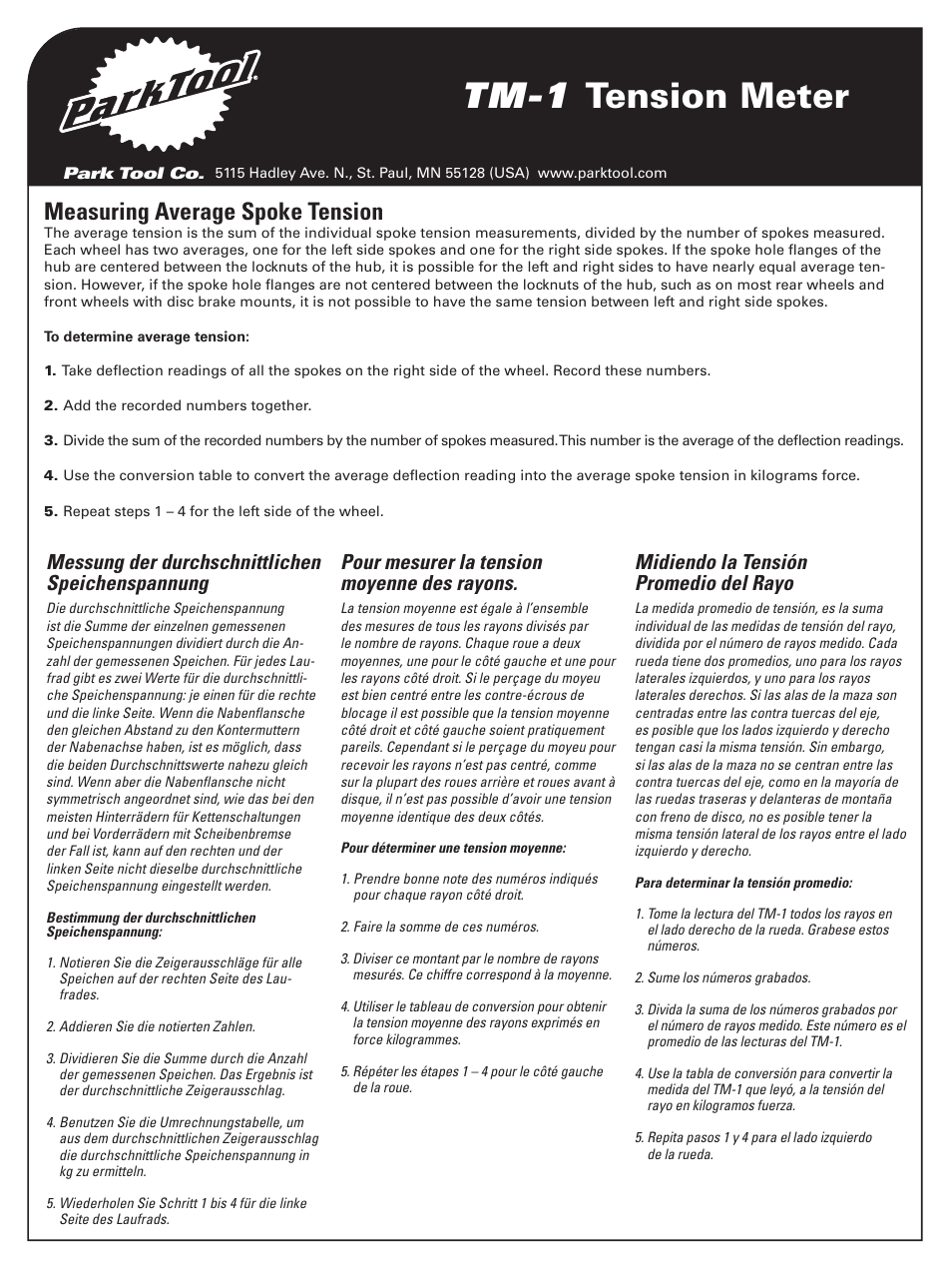 Tm-1 tension meter, Measuring average spoke tension, Messung der durchschnittlichen speichenspannung | Pour mesurer la tension moyenne des rayons, Midiendo la tensión promedio del rayo | Park Tool Spoke Tension Meter User Manual | Page 4 / 6