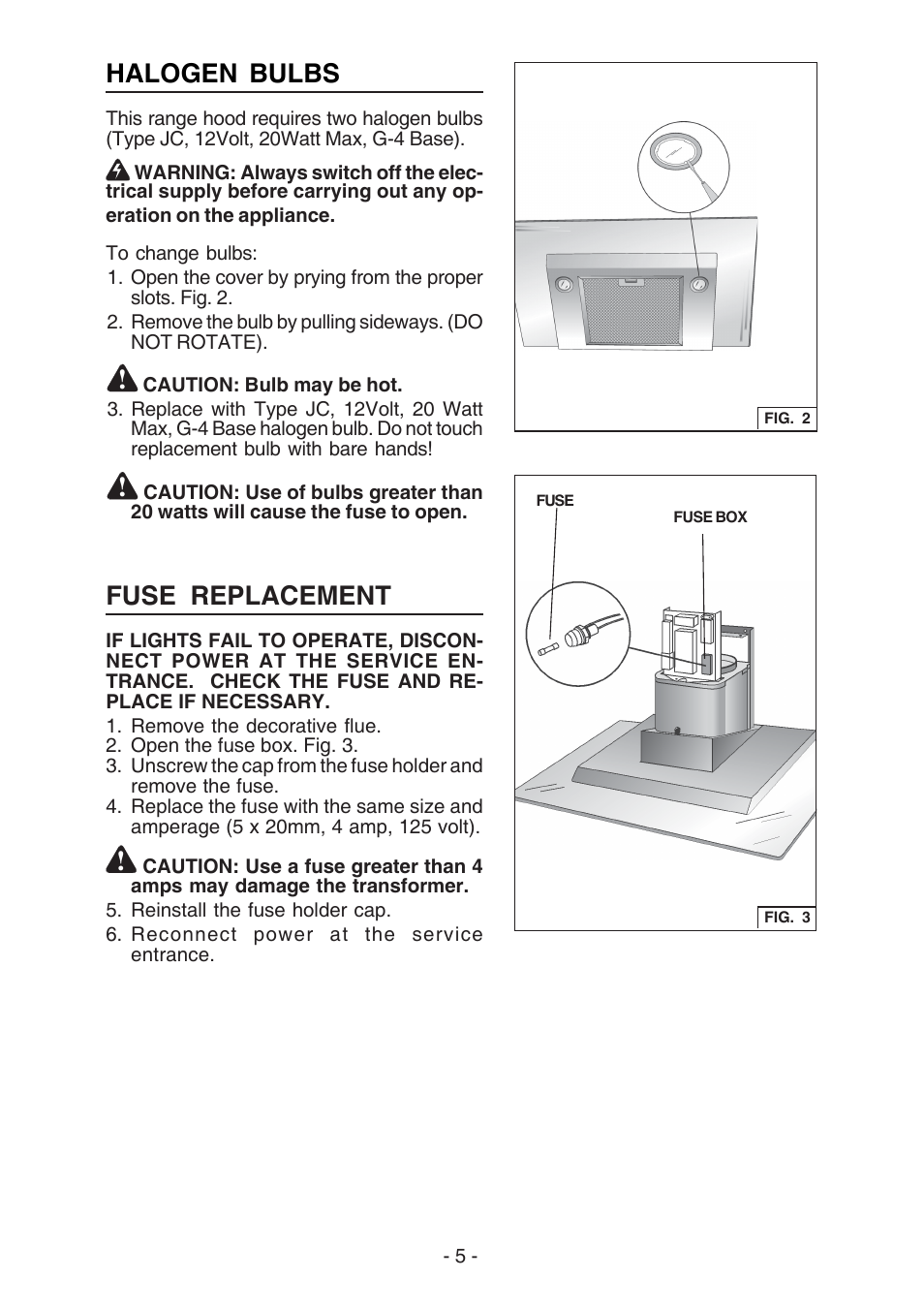 Fuse replacement, Halogen bulbs | Broan WC26I User Manual | Page 5 / 44