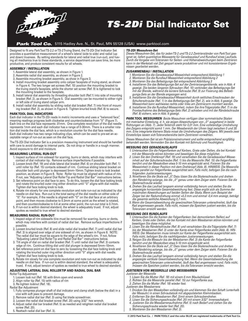 Park Tool Dial Indicator Gauge Set for TS-2.2 and TS-2 Truing Stands User Manual | 4 pages