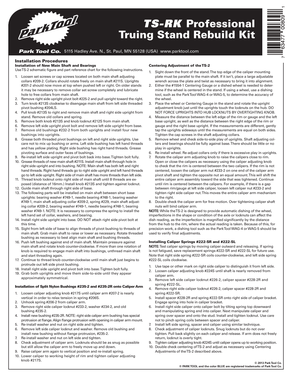 Park Tool Rebuild kit for TS-2 Professional Truing Stand User Manual | 2 pages