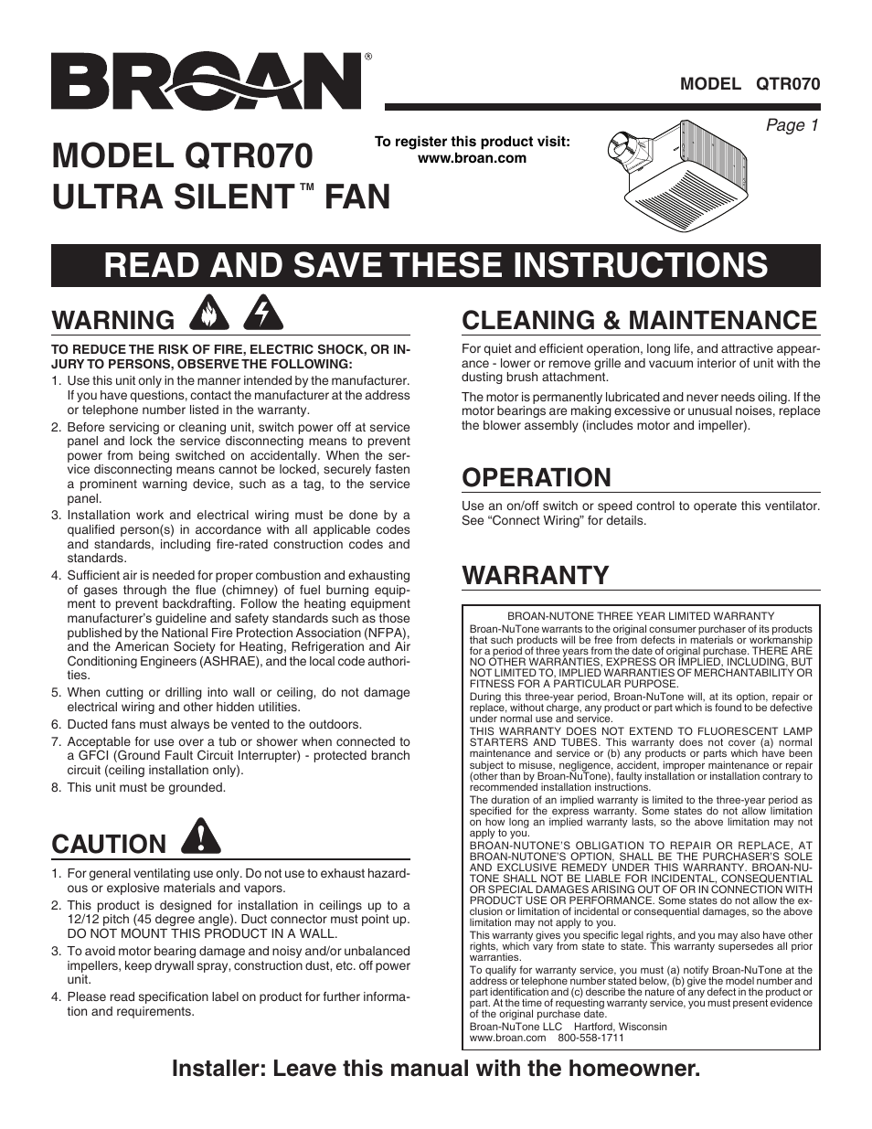 Broan QTR070 User Manual | 8 pages