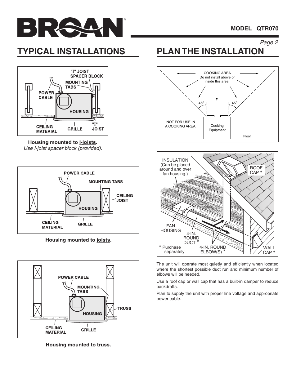 Typical installations, Plan the installation, Page  model qtr070 | Broan QTR070 User Manual | Page 2 / 8