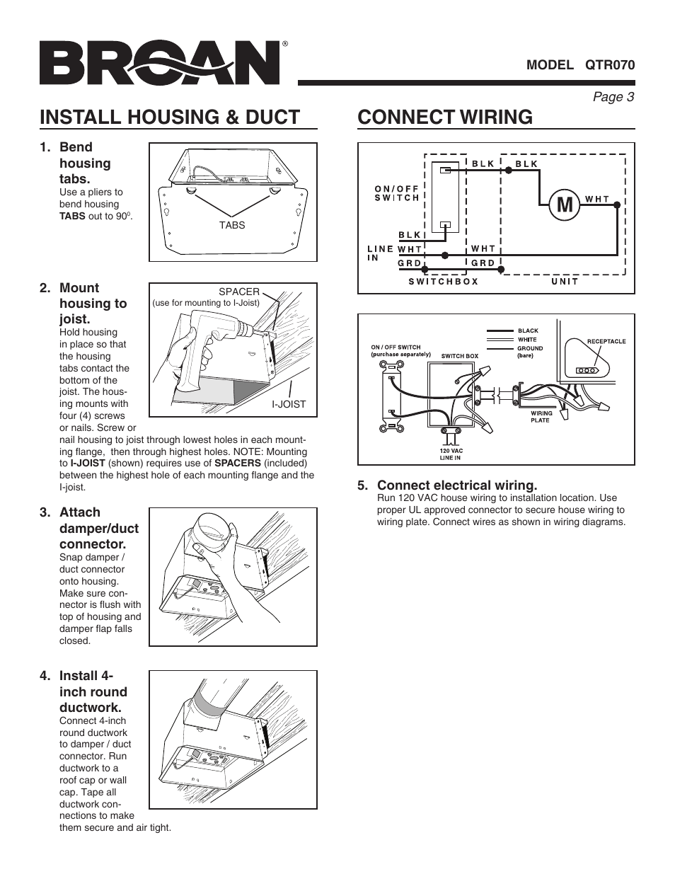 Connect wiring, Install housing & duct | Broan QTR070 User Manual | Page 3 / 8