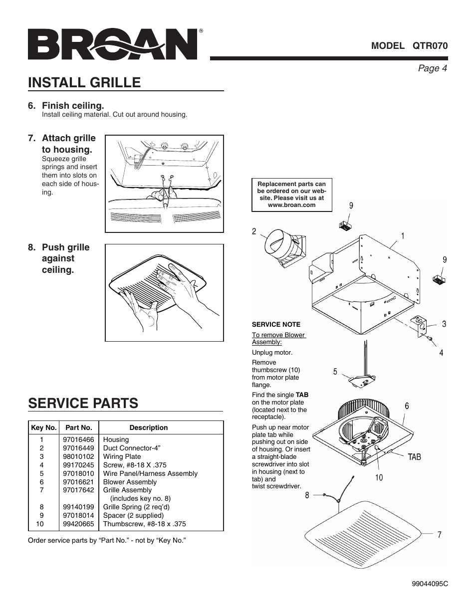 Service parts, Install grille, Page  model qtr070 | Attach grille to housing, Push grille against ceiling. 6. finish ceiling | Broan QTR070 User Manual | Page 4 / 8