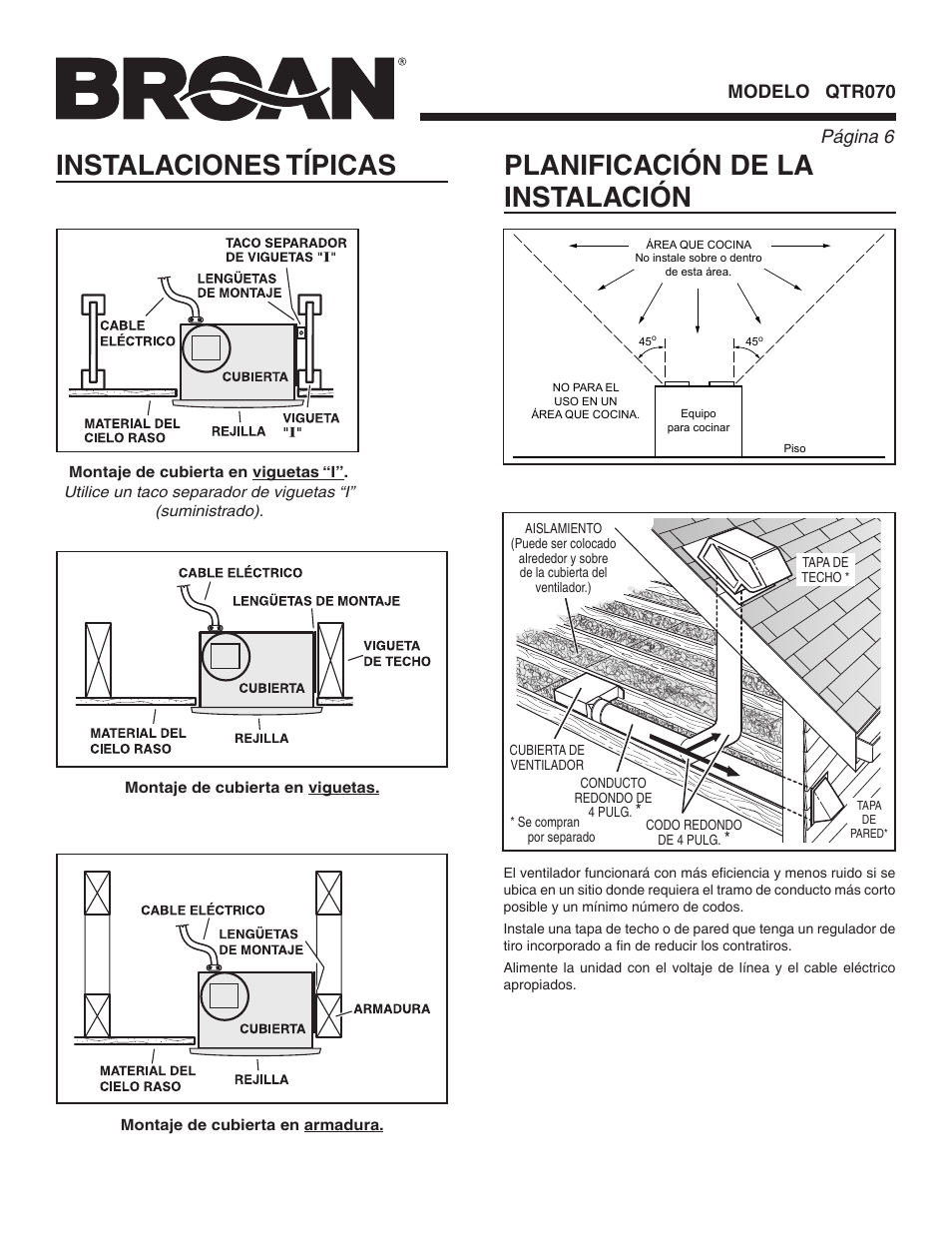 Instalaciones típicas, Planificación de la instalación, Página  modelo qtr070 | Broan QTR070 User Manual | Page 6 / 8
