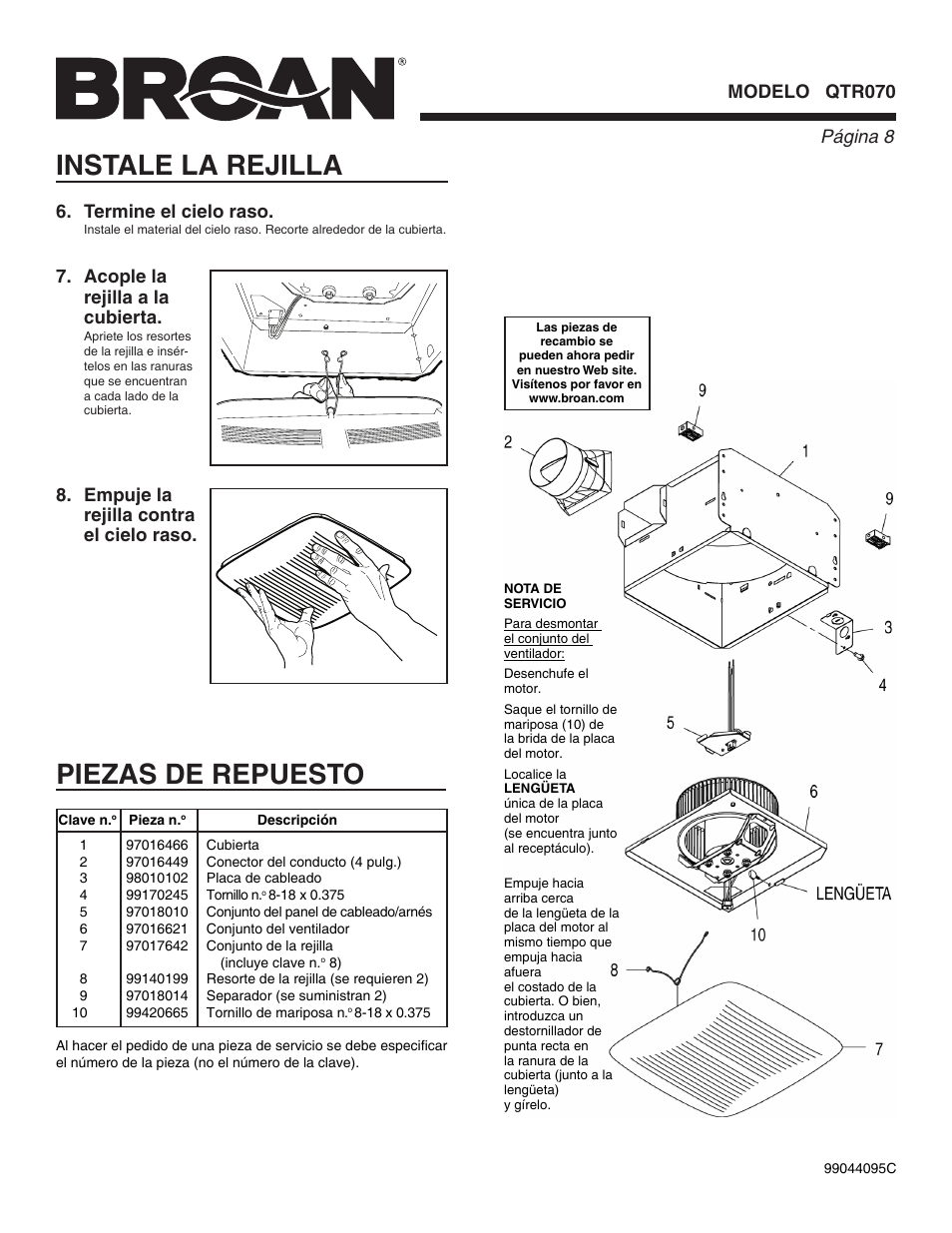Piezas de repuesto, Instale la rejilla, Página  modelo qtr070 | Acople la rejilla a la cubierta | Broan QTR070 User Manual | Page 8 / 8