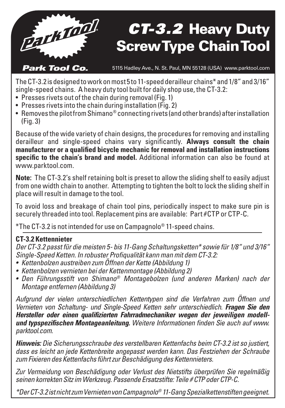 Park Tool Chain Tool User Manual | 4 pages